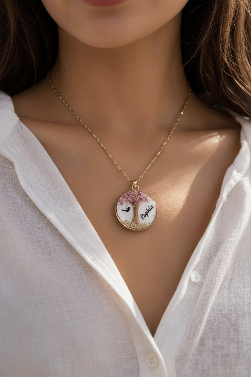 Blossom & Bloom Keepsake Pendant – Personalised Resin Jewellery with Shell Flakes & Shimmer Stones