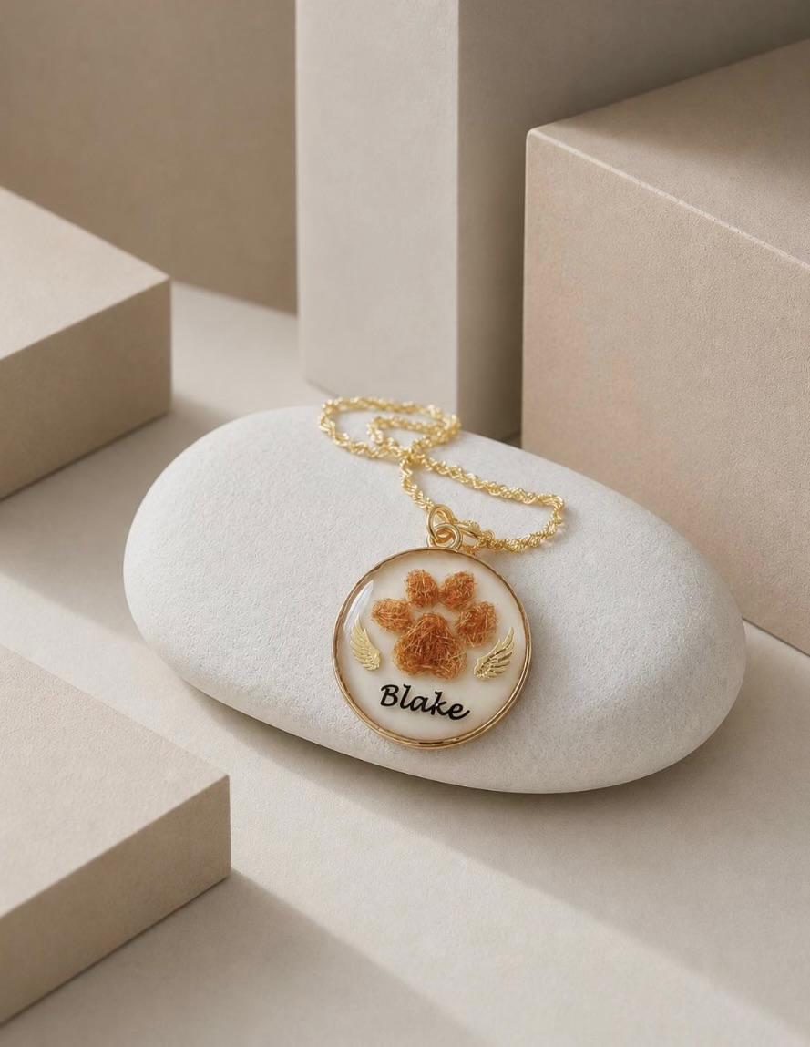 Paw Print Memorial Pendant | Pet Hair Keepsake Jewellery | Personalised Name & Gold Charm