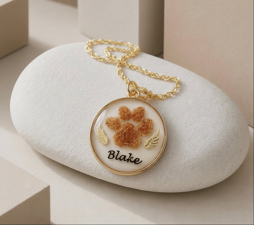 Paw Print Memorial Pendant | Pet Hair Keepsake Jewellery | Personalised Name & Gold Charm