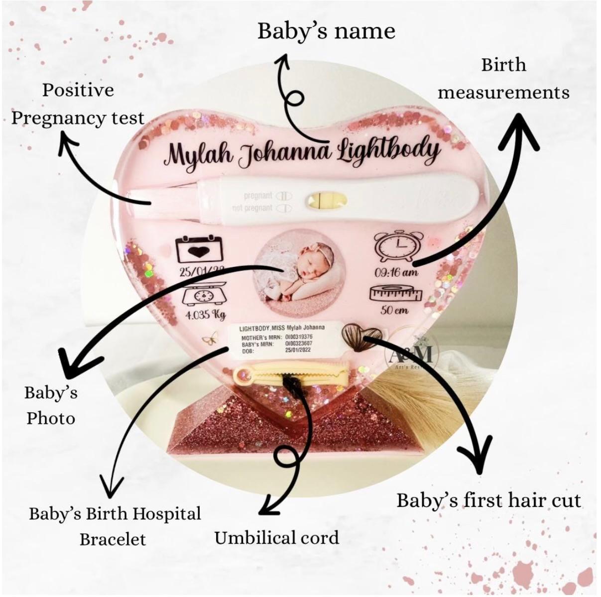 Baby's First Moments Resin Keepsake – Birth Measurements, Photo & Milestone Memory Display