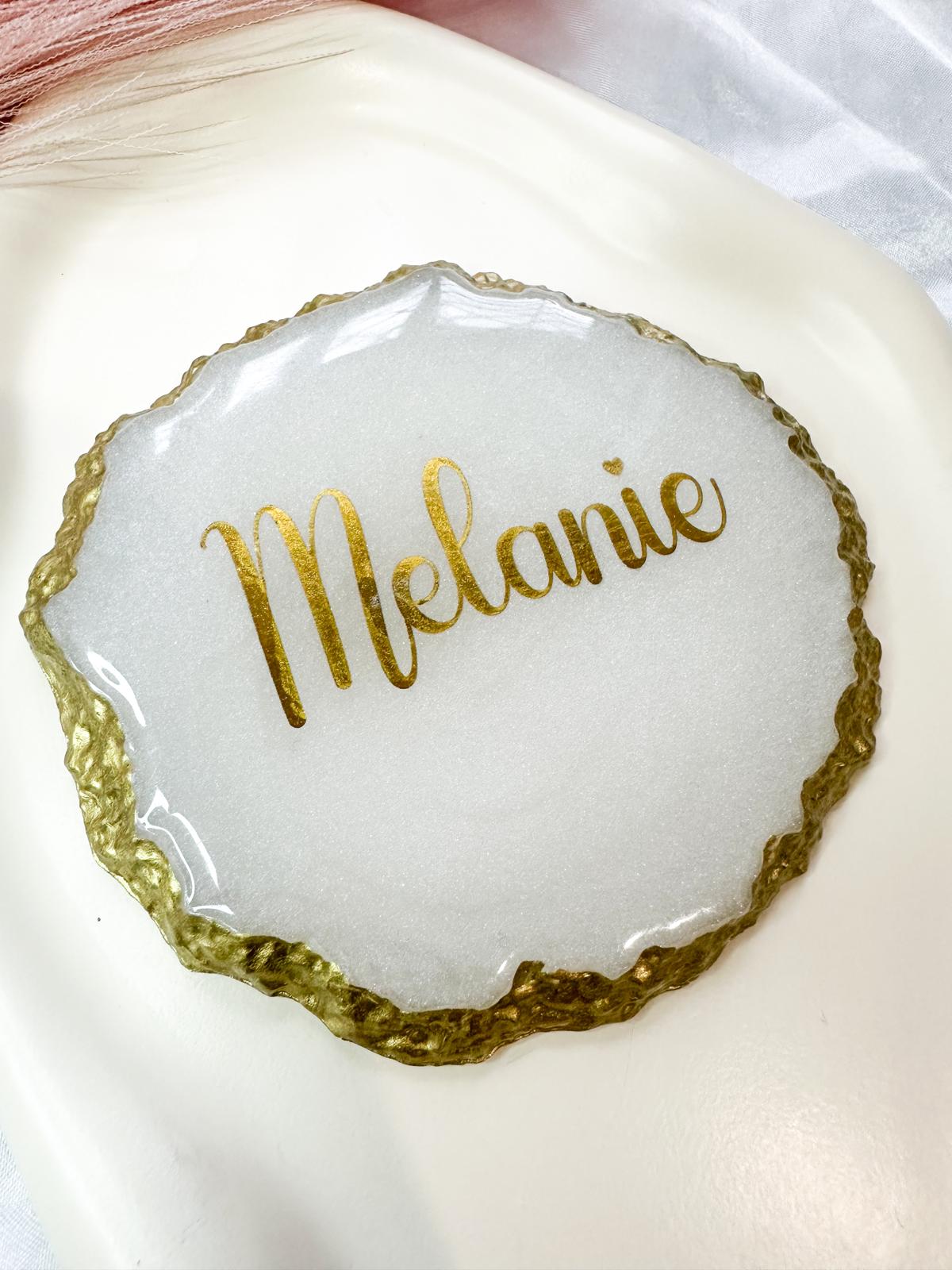 Personalised Resin Name Coaster | Gold or Silver Rim | Custom Wedding Place Card & Keepsake