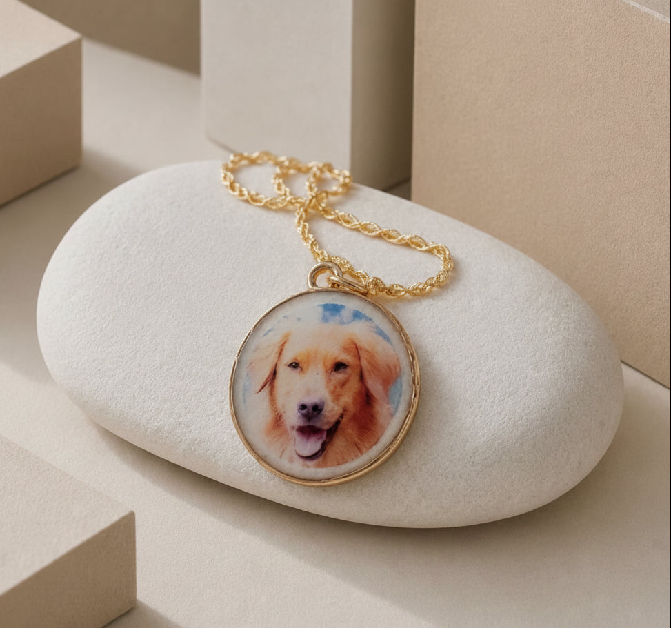 Paw Print Memorial Pendant | Pet Hair Keepsake Jewellery | Personalised Name & Gold Charm