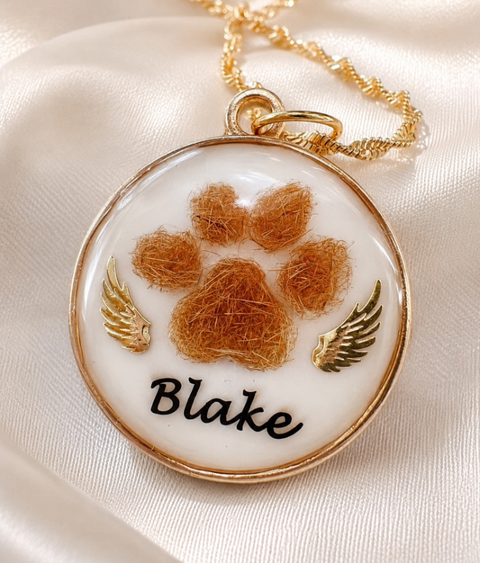Paw Print Memorial Pendant | Pet Hair Keepsake Jewellery | Personalised Name & Gold Charm