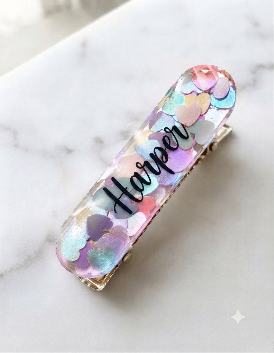 Iridescent Heart Confetti Resin Hair Clip