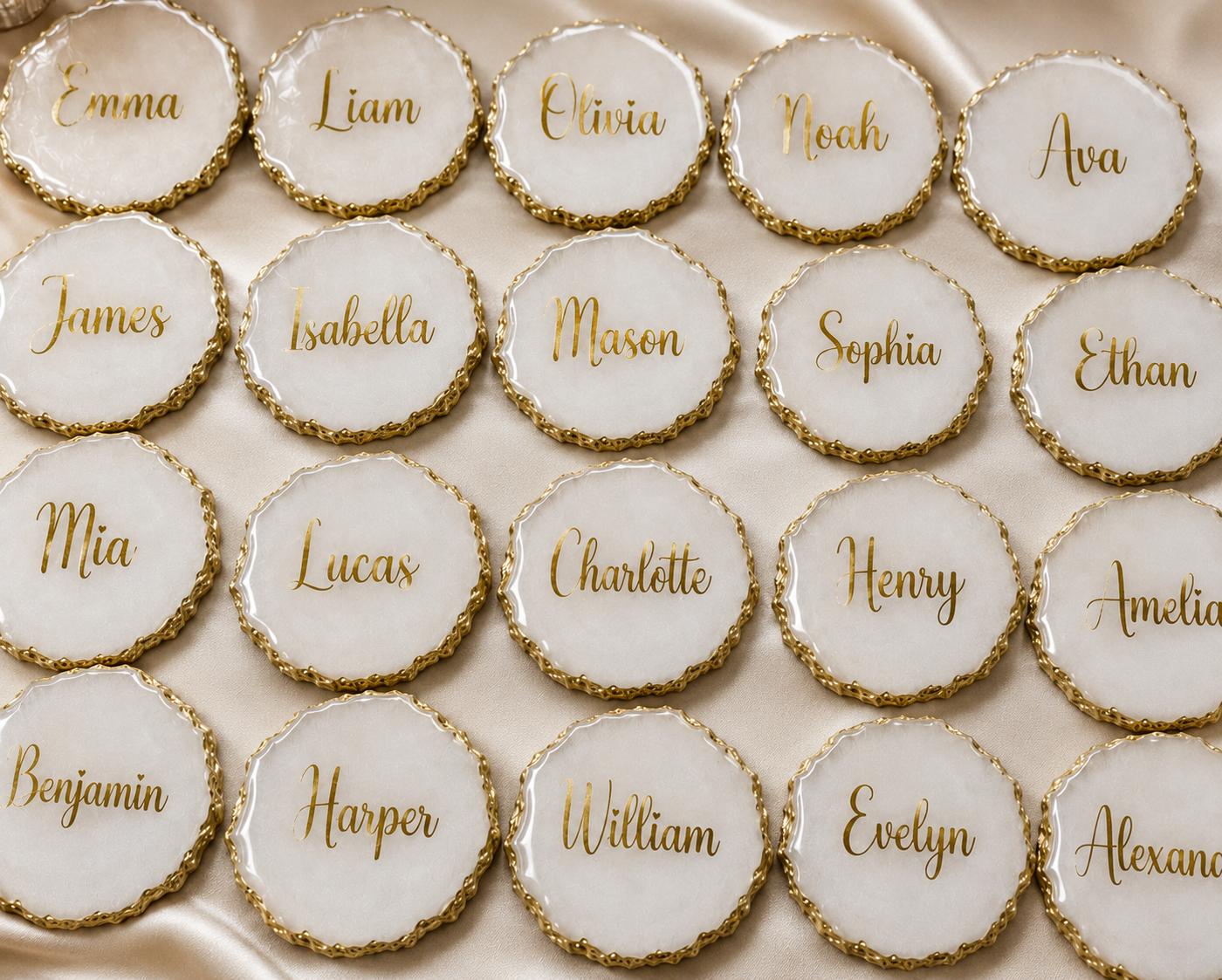 Personalised Resin Name Coaster | Gold or Silver Rim | Custom Wedding Place Card & Keepsake