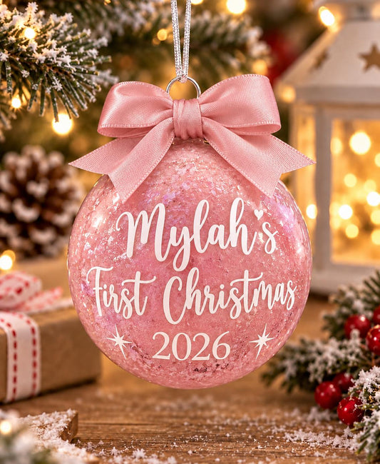 Pink glitter personalised first Christmas bauble reading Mylah's First Christmas 2026 with a matching pink ribbon bow