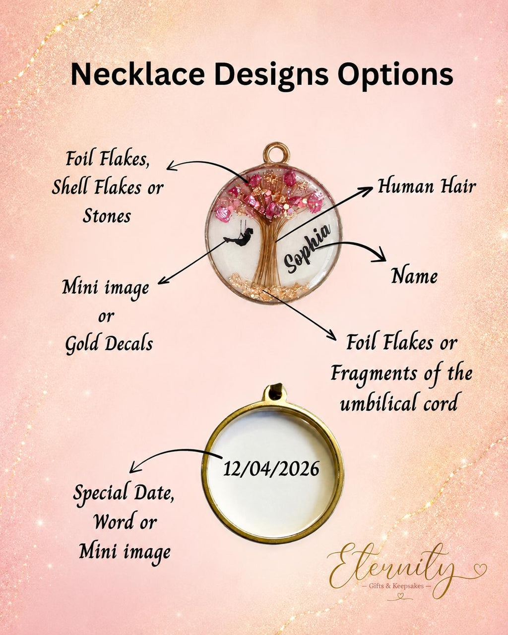 Blossom & Bloom Keepsake Pendant – Personalised Resin Jewellery with Shell Flakes & Shimmer Stones