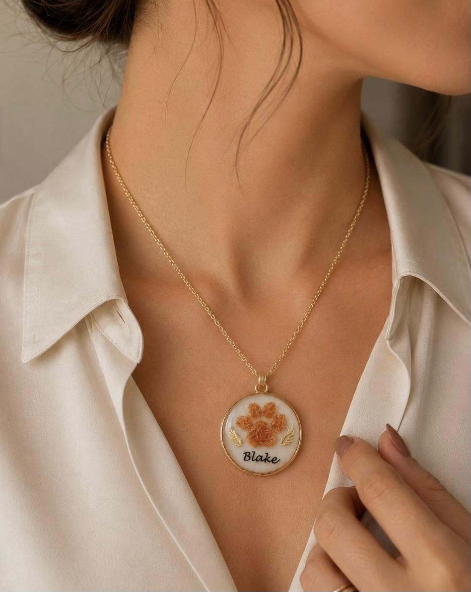 Paw Print Memorial Pendant | Pet Hair Keepsake Jewellery | Personalised Name & Gold Charm