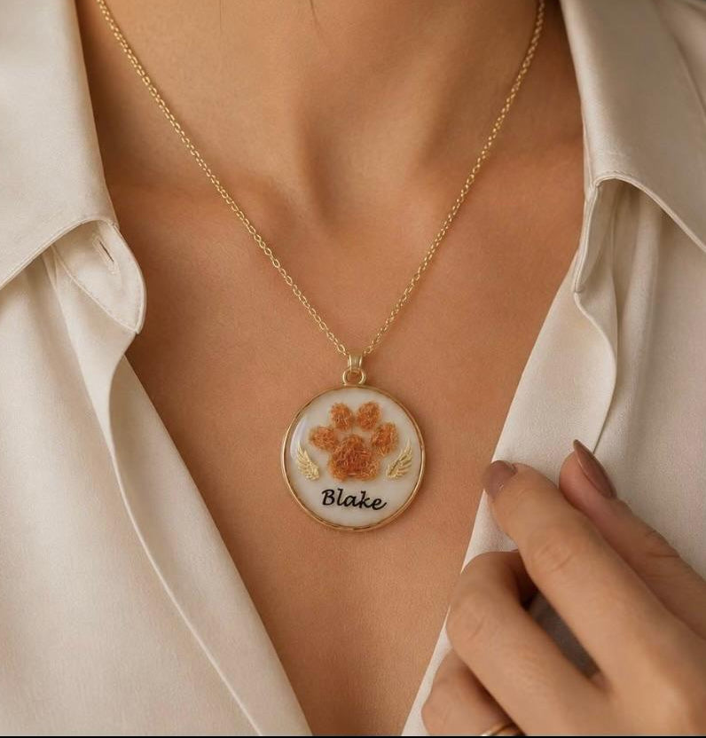 Paw Print Memorial Pendant | Pet Hair Keepsake Jewellery | Personalised Name & Gold Charm