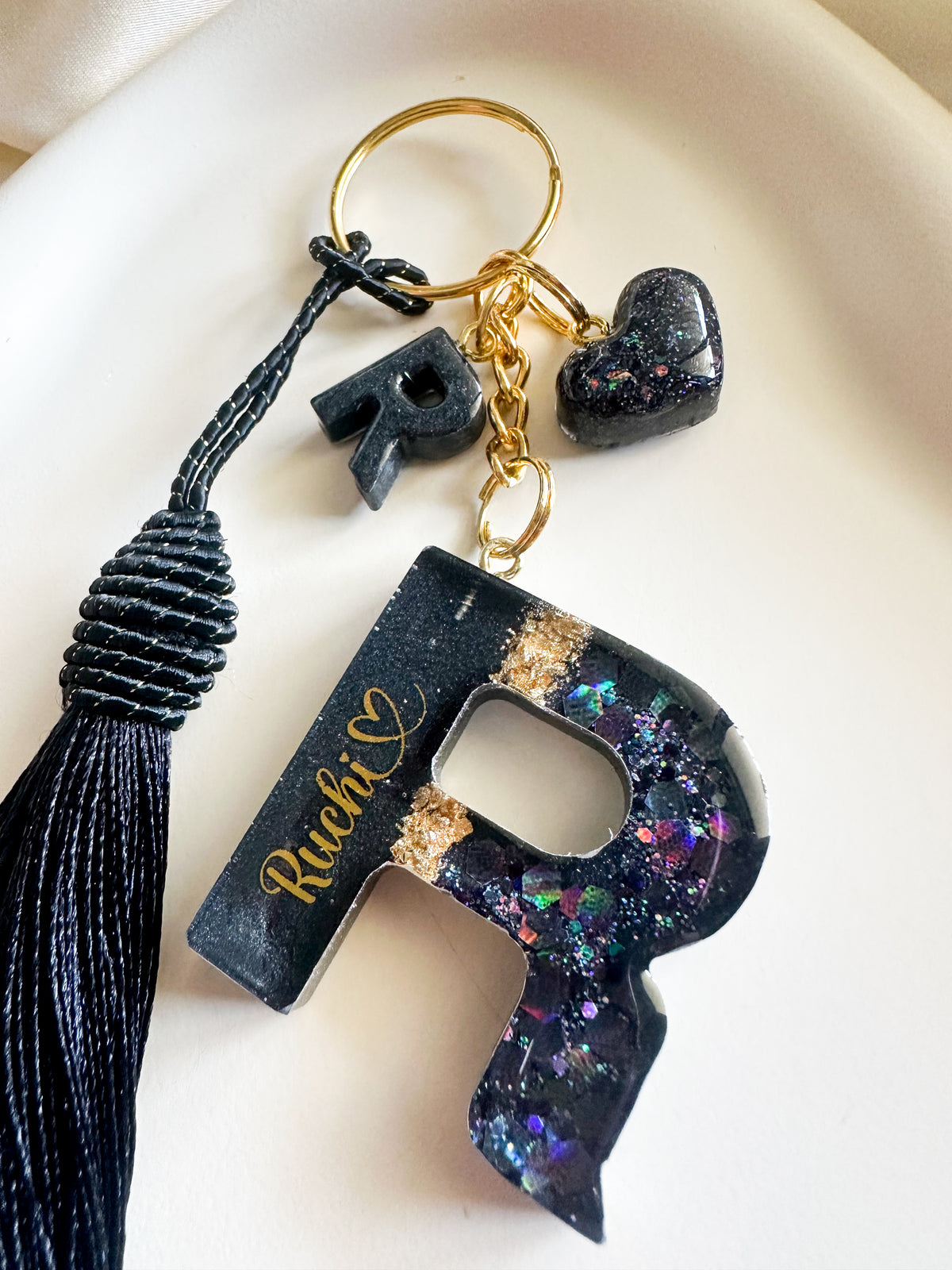 Personalised Geode Glitter & Gold Foil Flakes Initial Keychain