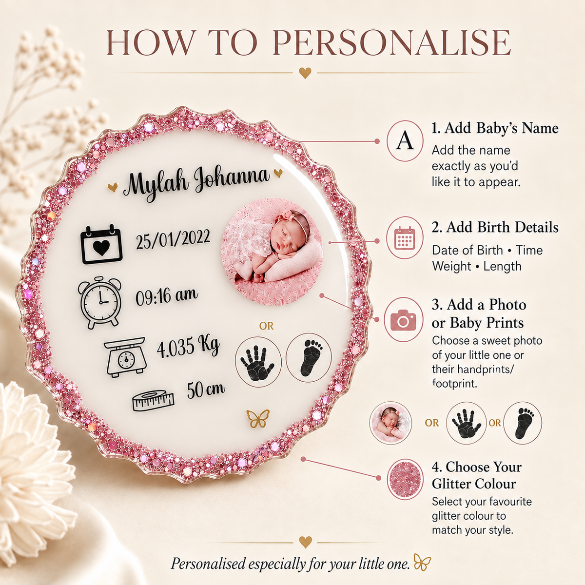 Personalised Baby Birth Stats Keepsake Plaque | Custom Resin with Photo