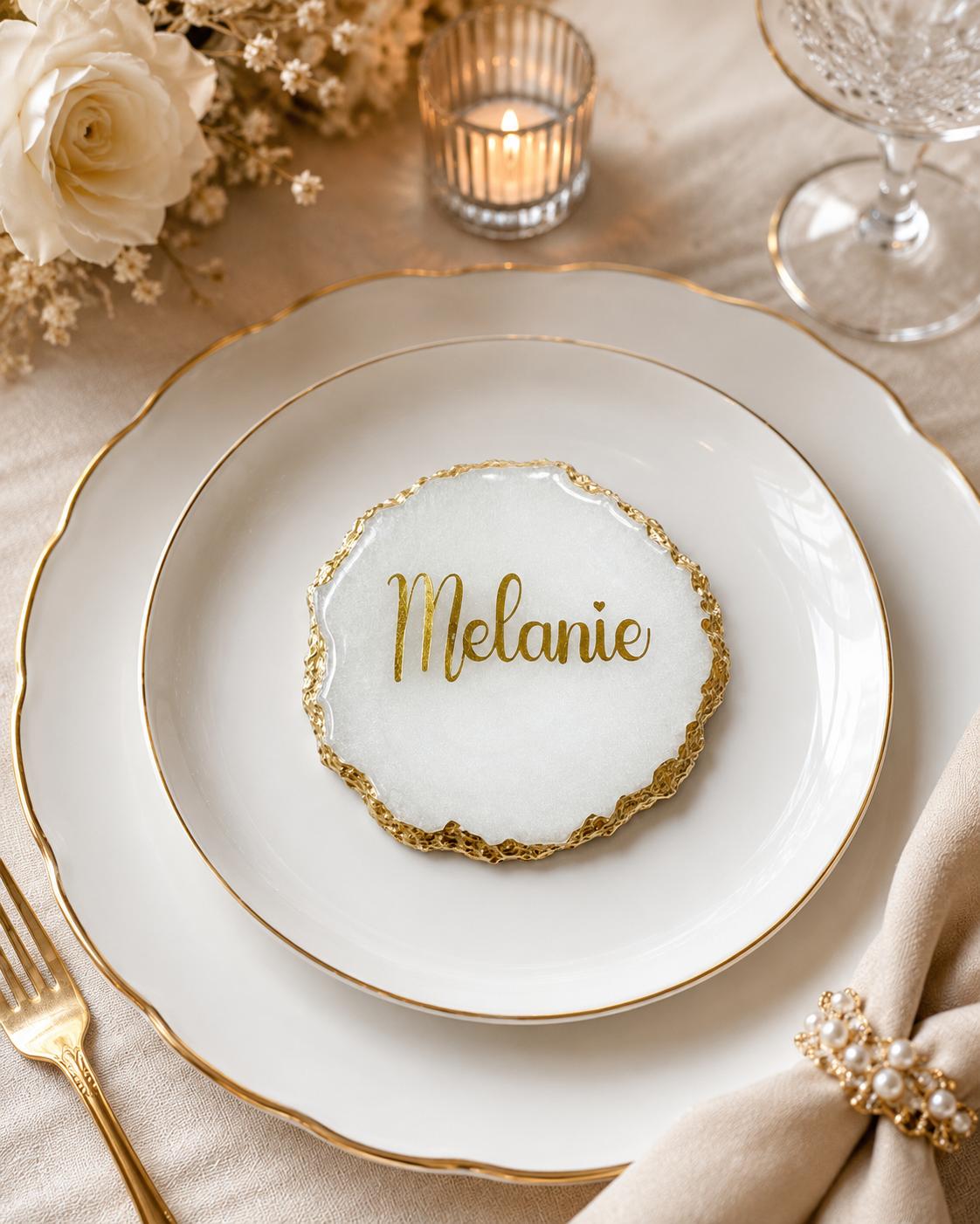 Personalised Resin Name Coaster | Gold or Silver Rim | Custom Wedding Place Card & Keepsake