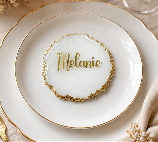 Personalised Resin Name Coaster | Gold or Silver Rim | Custom Wedding Place Card & Keepsake
