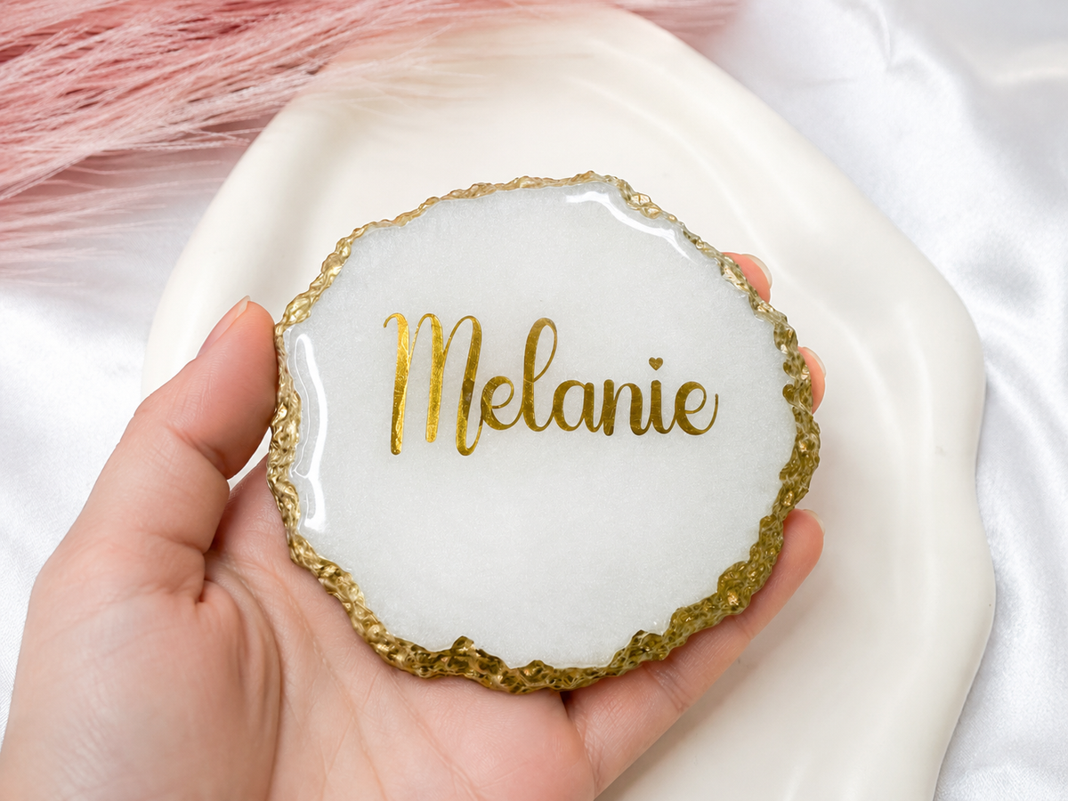 Personalised Resin Name Coaster | Gold or Silver Rim | Custom Wedding Place Card & Keepsake