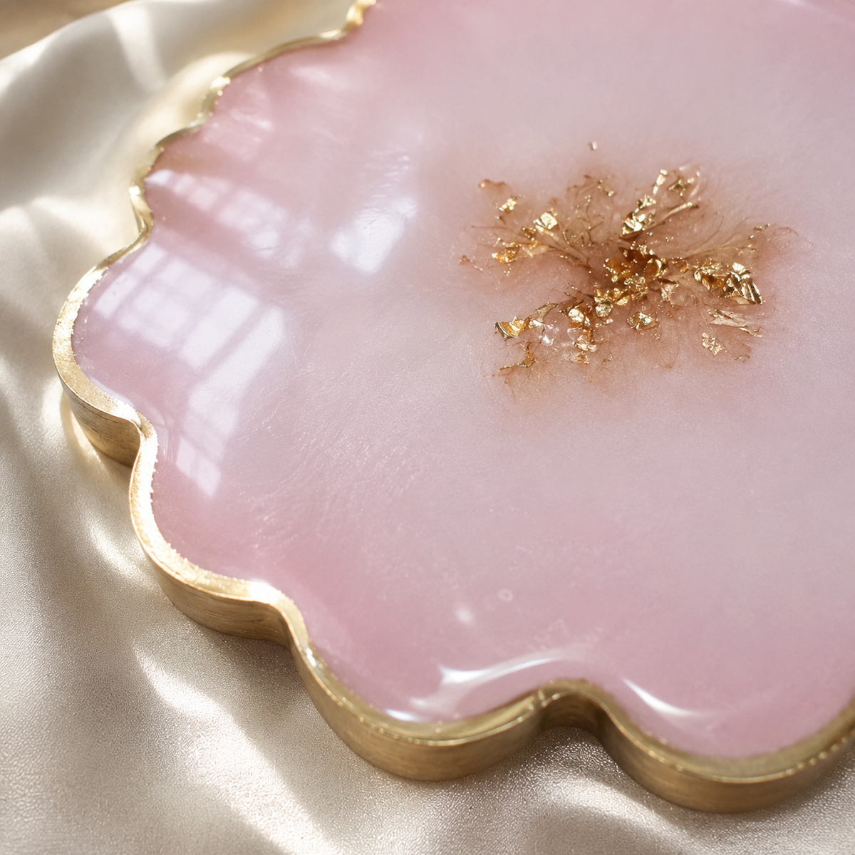 Pink Resin Flower Coaster | Gold Flakes & Gold Rim | Handmade Floral Drink Coaster