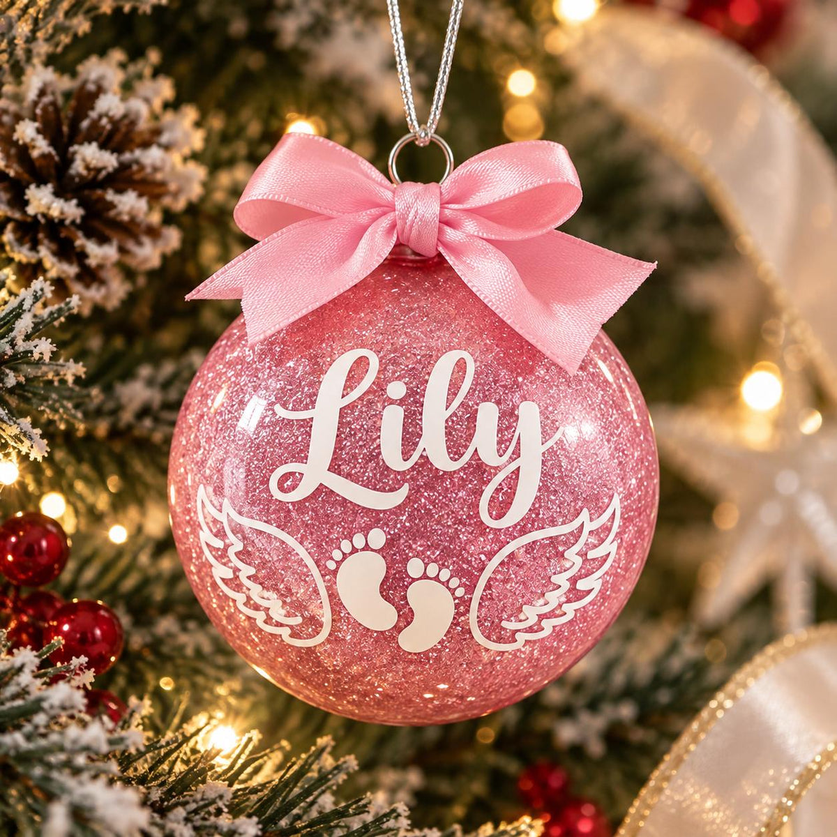 Pink glitter personalised baby memorial Christmas bauble with the name Lily, angel wings and baby footprints, finished with a matching pink ribbon