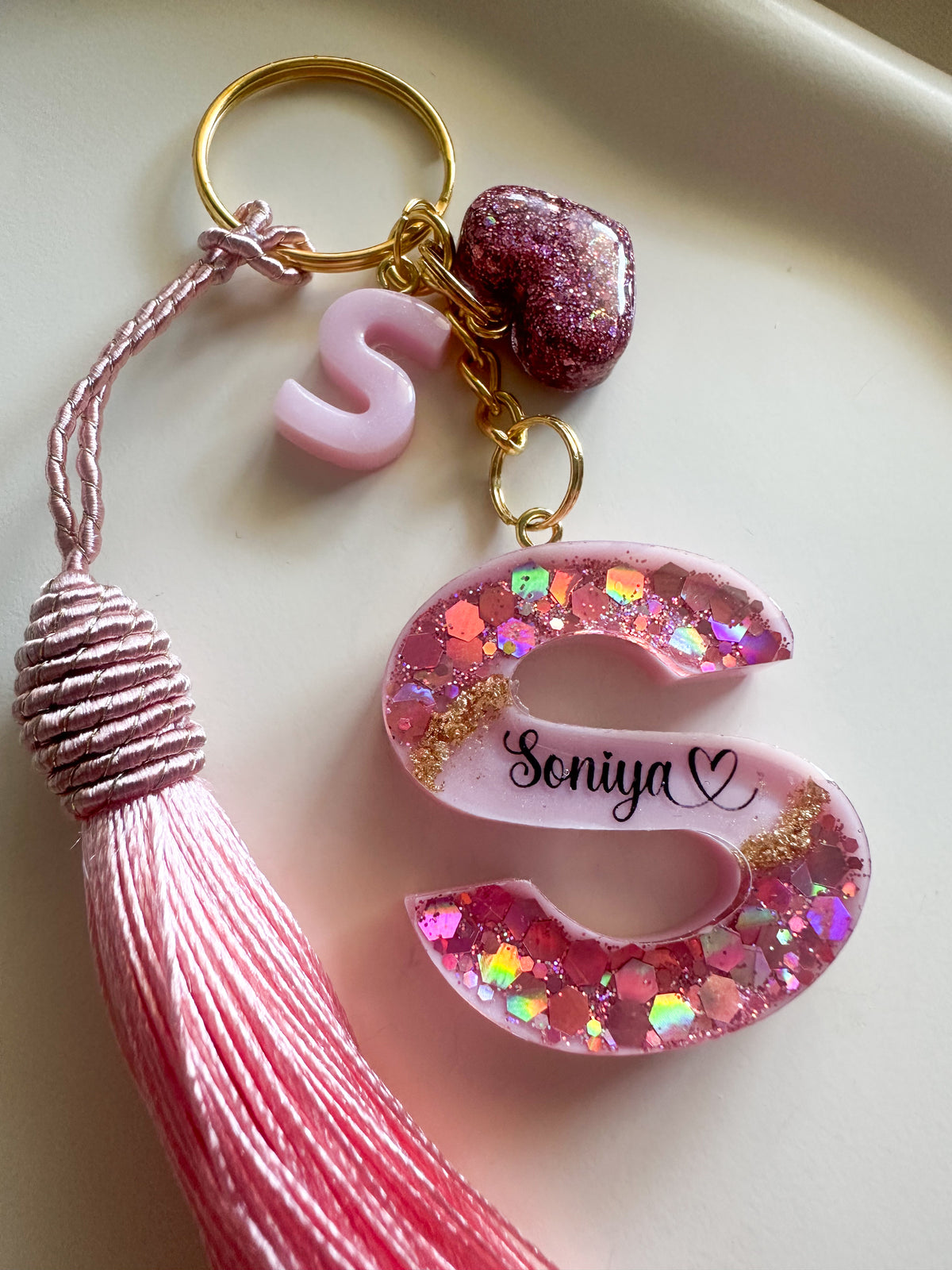 Personalised Geode Glitter & Gold Foil Flakes Initial Keychain