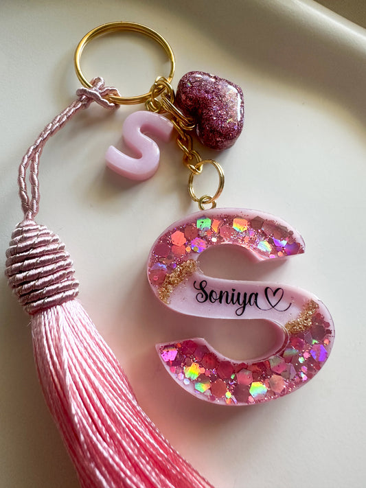 Personalised Geode Glitter & Gold Foil Flakes Initial Keychain