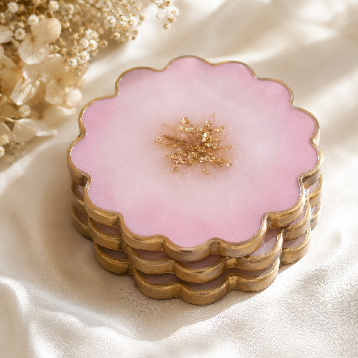 Pink Resin Flower Coaster | Gold Flakes & Gold Rim | Handmade Floral Drink Coaster
