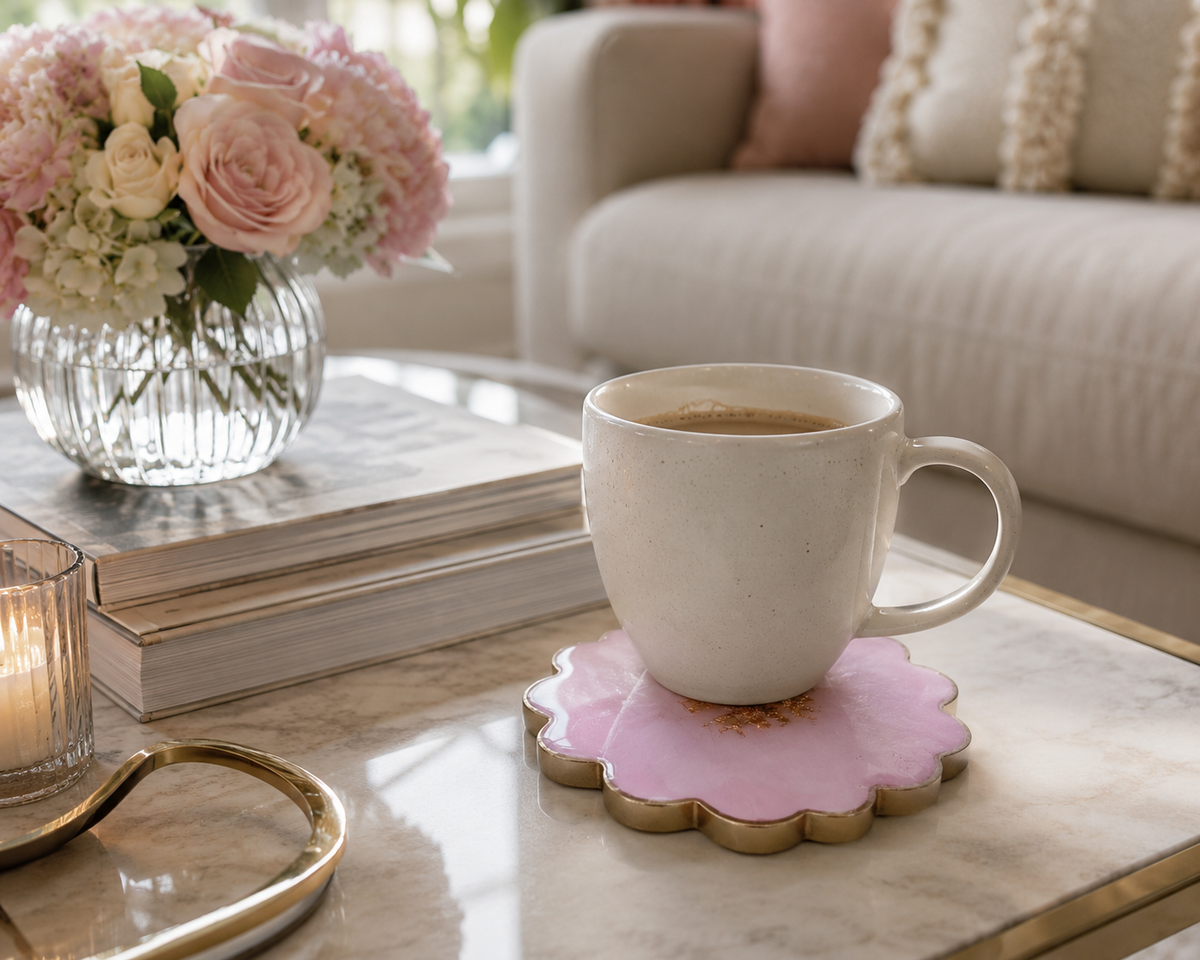 Pink Resin Flower Coaster | Gold Flakes & Gold Rim | Handmade Floral Drink Coaster