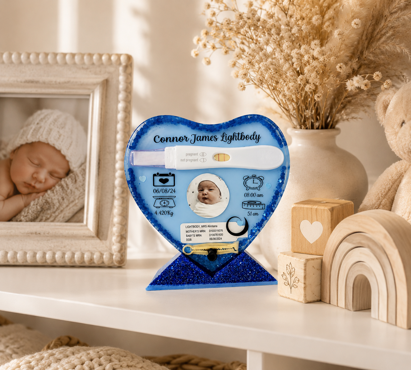 Baby's First Moments Resin Keepsake – Birth Measurements, Photo & Milestone Memory Display