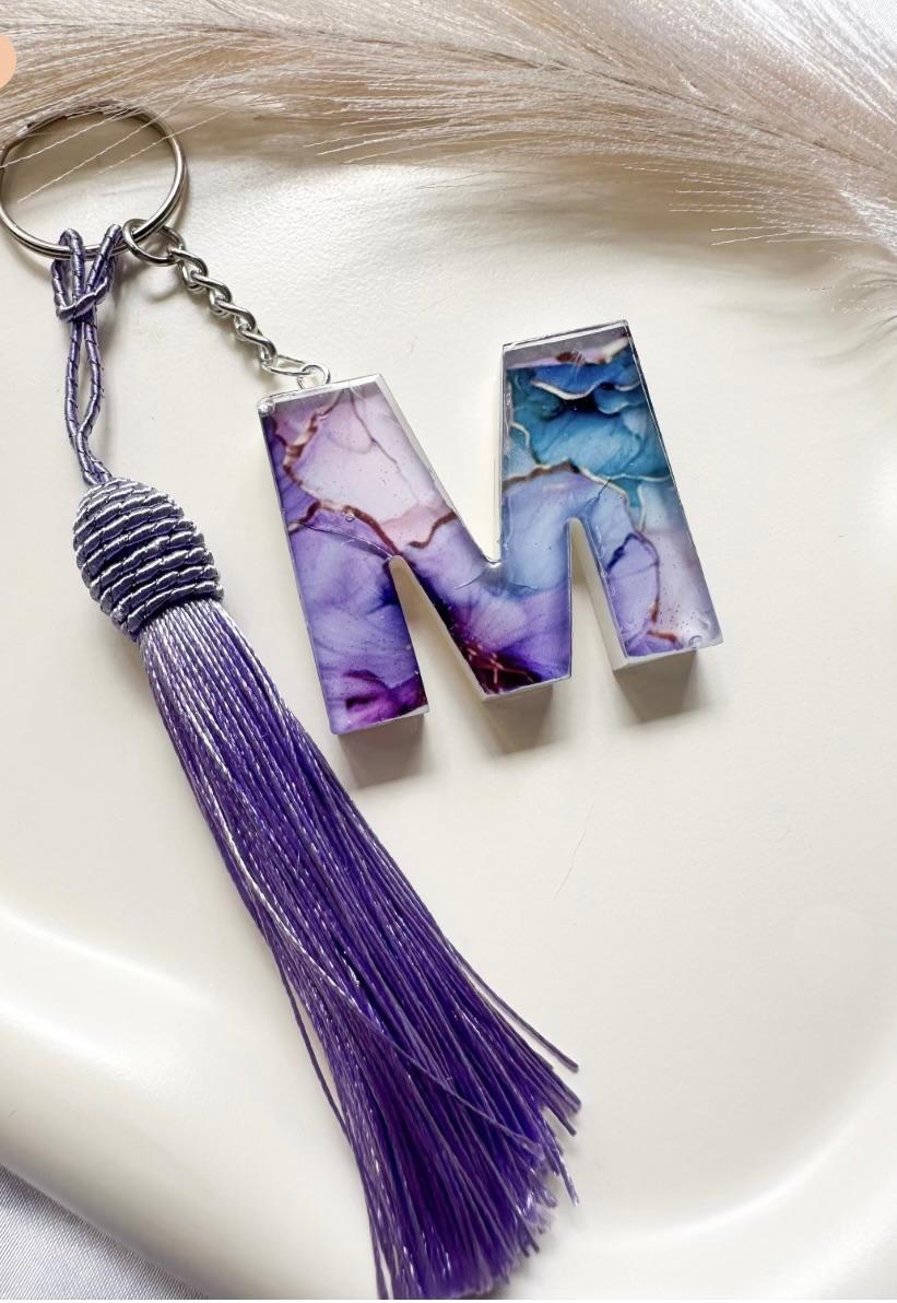 Personalised Marble Initial Letter Keychain with Tassel – Purple or White