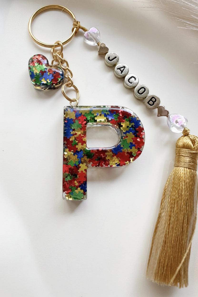 Personalised Autism Awareness Puzzle Initial Letter Keychain