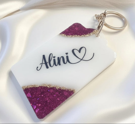 Personalised Glitter Corner Resin Card Holder Keychain