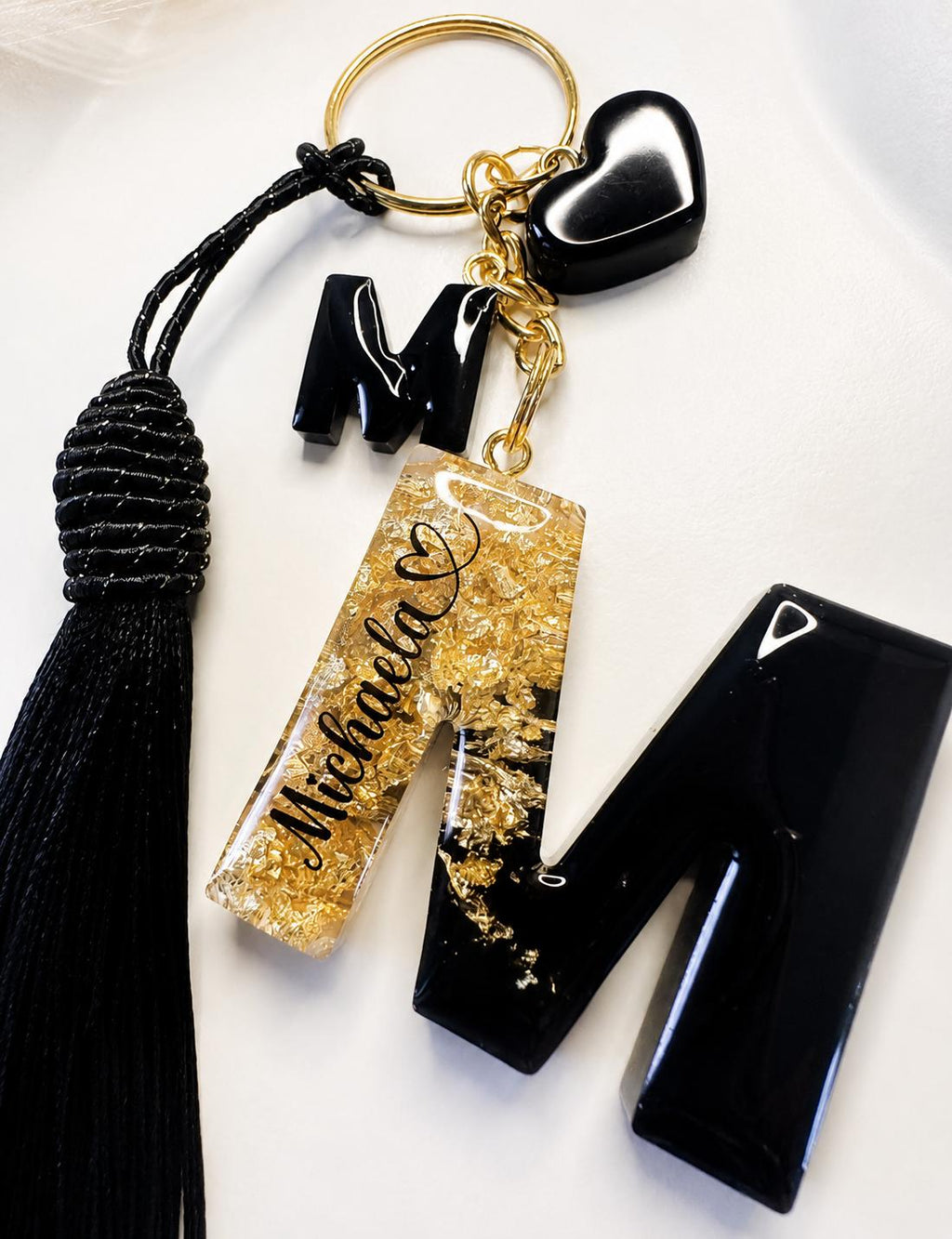 Personalised Black or White Keychain with Gold Foil Flakes