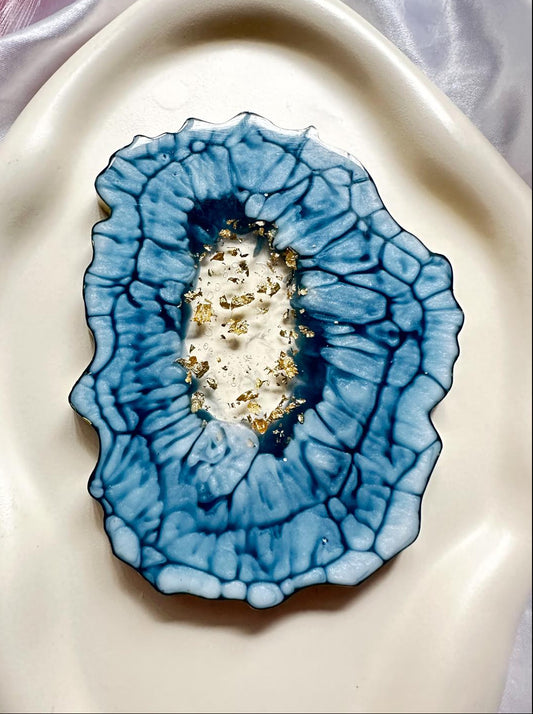 Teal & Gold Leaf Crackled Resin Geode Coaster | Handcrafted Luxury Home Decor