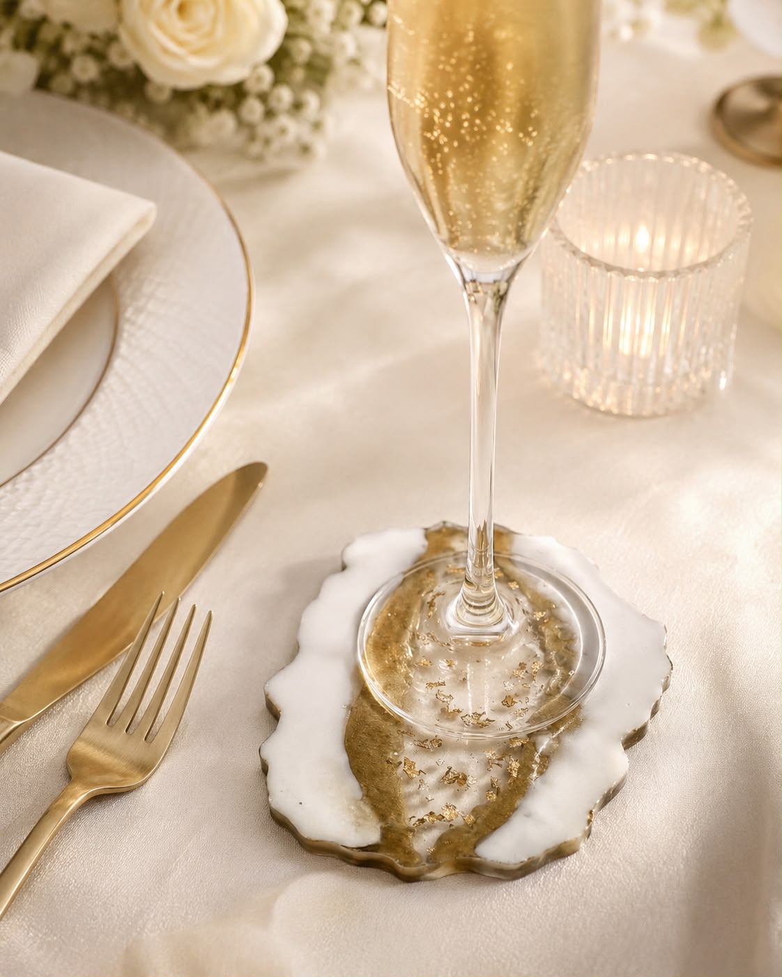 White & Gold Leaf Resin Geode Coaster | Handcrafted Luxury Keepsake