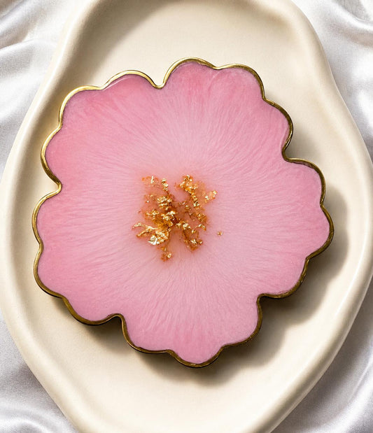 Pink Resin Flower Coaster | Gold Flakes & Gold Rim | Handmade Floral Drink Coaster