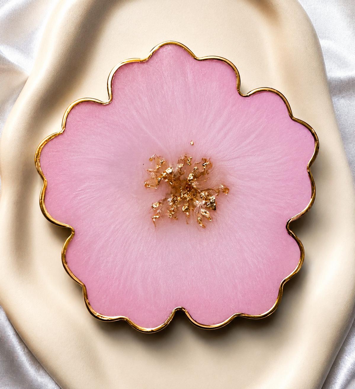 Pink Resin Flower Coaster | Gold Flakes & Gold Rim | Handmade Floral Drink Coaster
