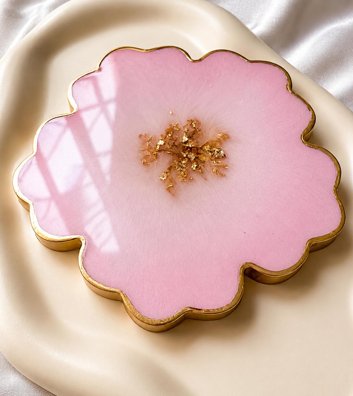 Pink Resin Flower Coaster | Gold Flakes & Gold Rim | Handmade Floral Drink Coaster
