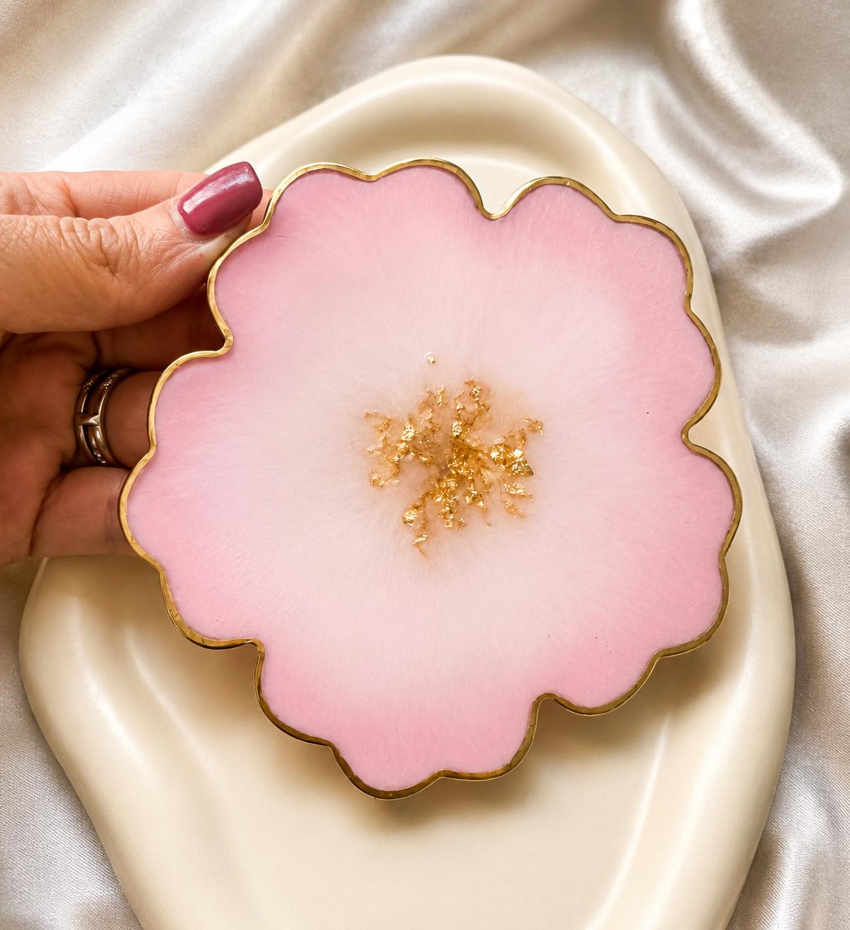 Pink Resin Flower Coaster | Gold Flakes & Gold Rim | Handmade Floral Drink Coaster