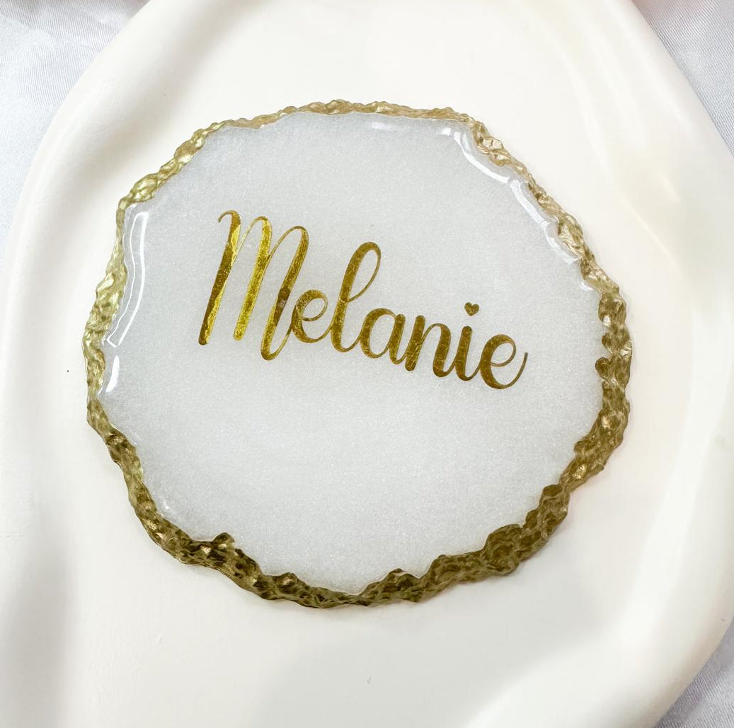 Personalised Resin Name Coaster | Gold or Silver Rim | Custom Wedding Place Card & Keepsake