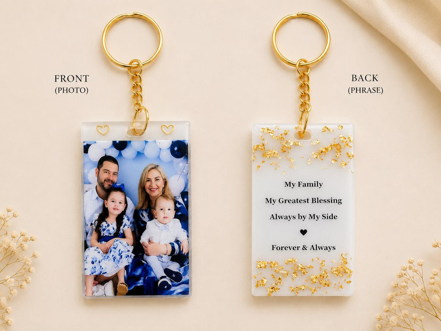 Personalised Family Photo Keychain | Custom Resin Keyring with Gold Foil