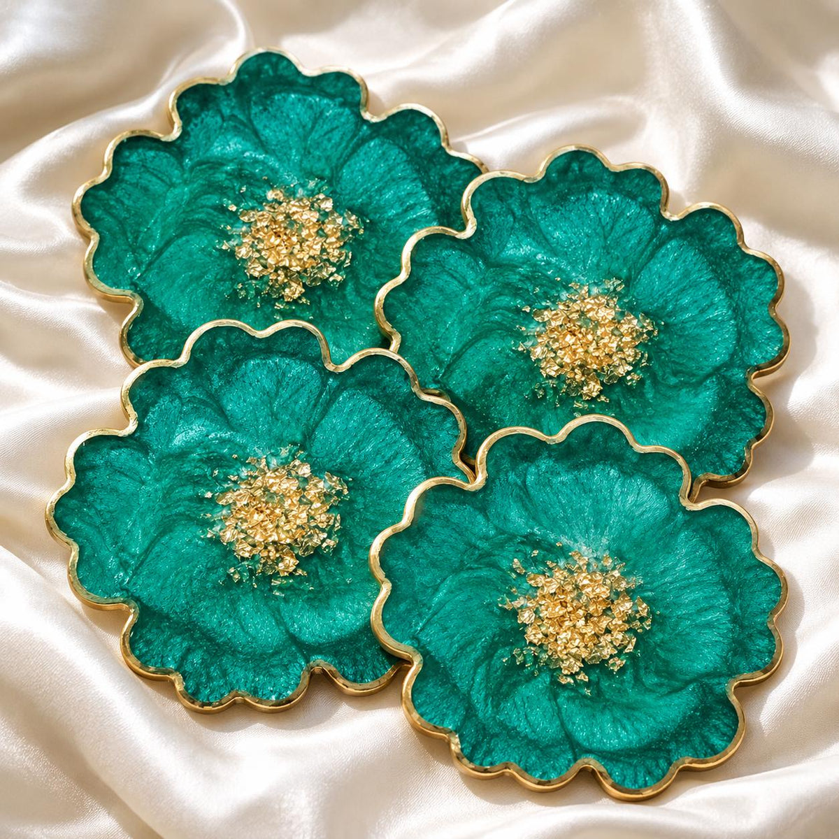 Flower Resin Coasters with Gold Flakes & Gold Rim | Handmade Sets