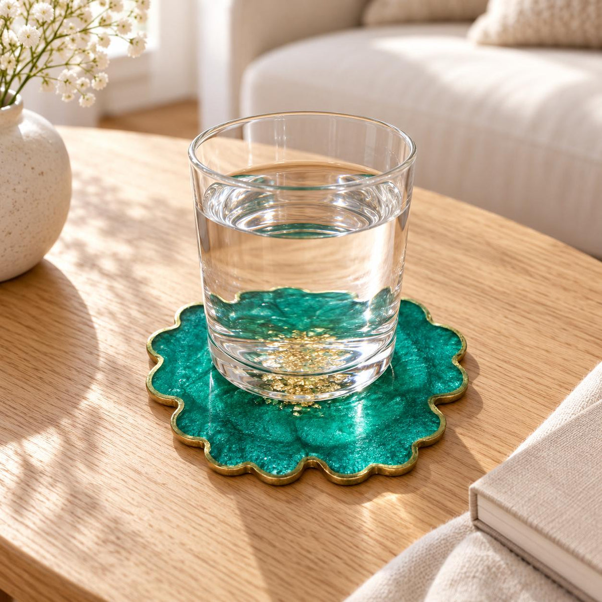 Flower Resin Coasters with Gold Flakes & Gold Rim | Handmade Sets