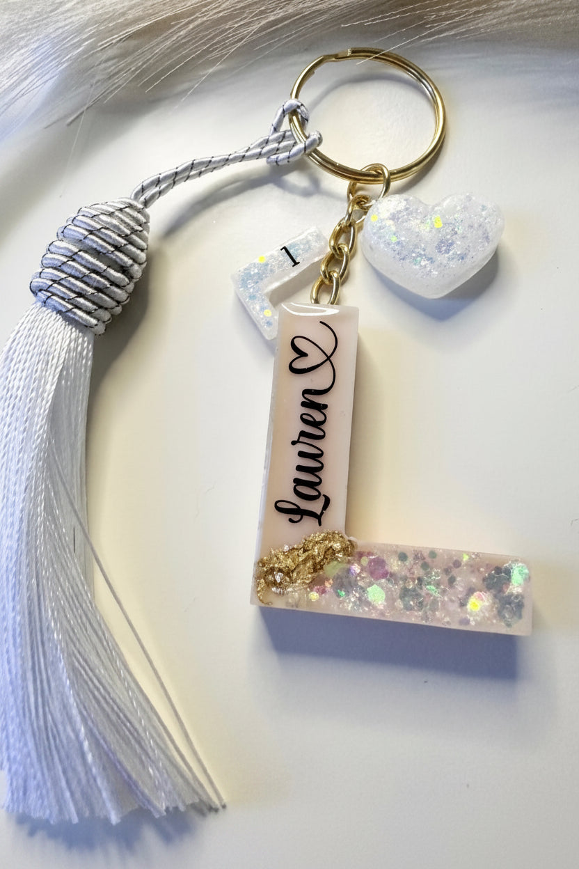 Personalised Geode Glitter & Gold Foil Flakes Initial Keychain