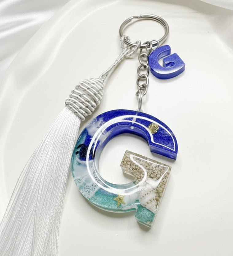 Personalised Ocean Initial Letter Keychain with Real Shell & Silk Tassel
