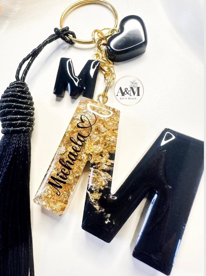 Personalised Black or White Keychain with Gold Foil Flakes