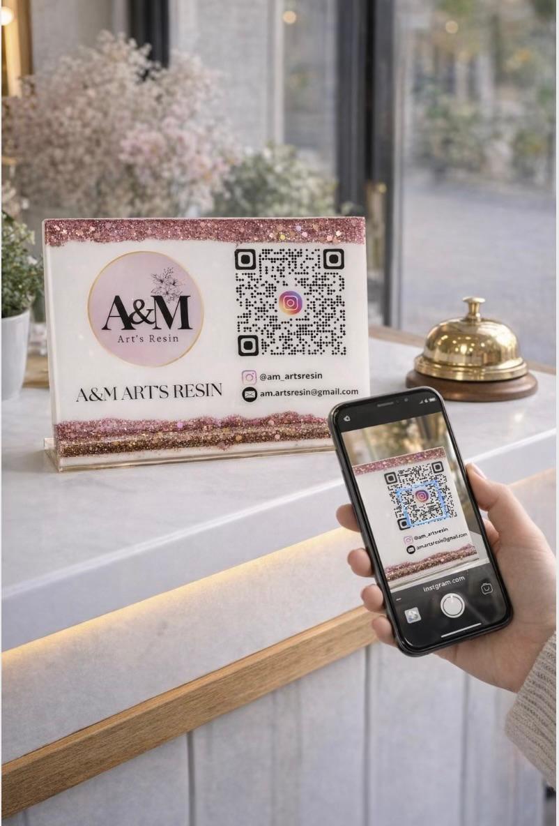 Personalised Glitter Resin Business Sign – QR Code, Logo & Contact Details Display