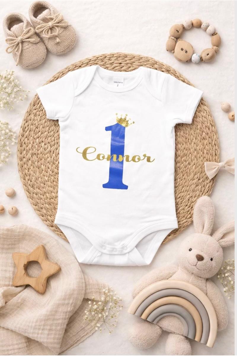 Personalised First Birthday Bodysuit for a BOY – Crown Number 1 Baby One