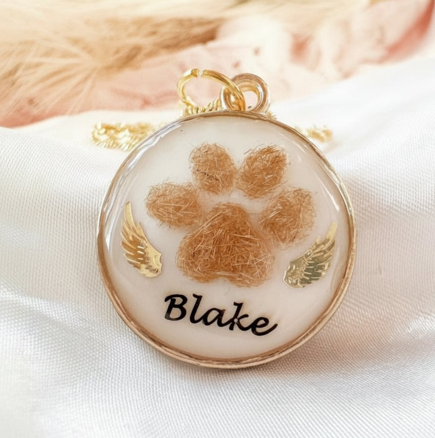 Paw Print Memorial Pendant | Pet Hair Keepsake Jewellery | Personalised Name & Gold Charm