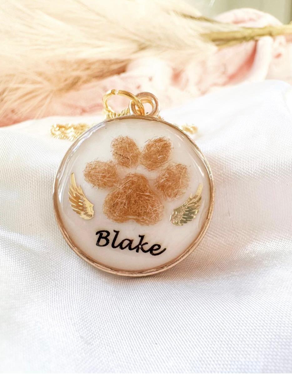 Paw Print Memorial Pendant | Pet Hair Keepsake Jewellery | Personalised Name & Gold Charm