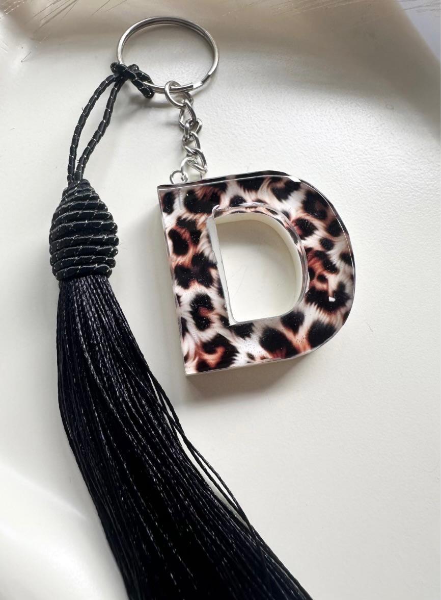 Leopard Print Initial Keychain with Tassel - Option 2