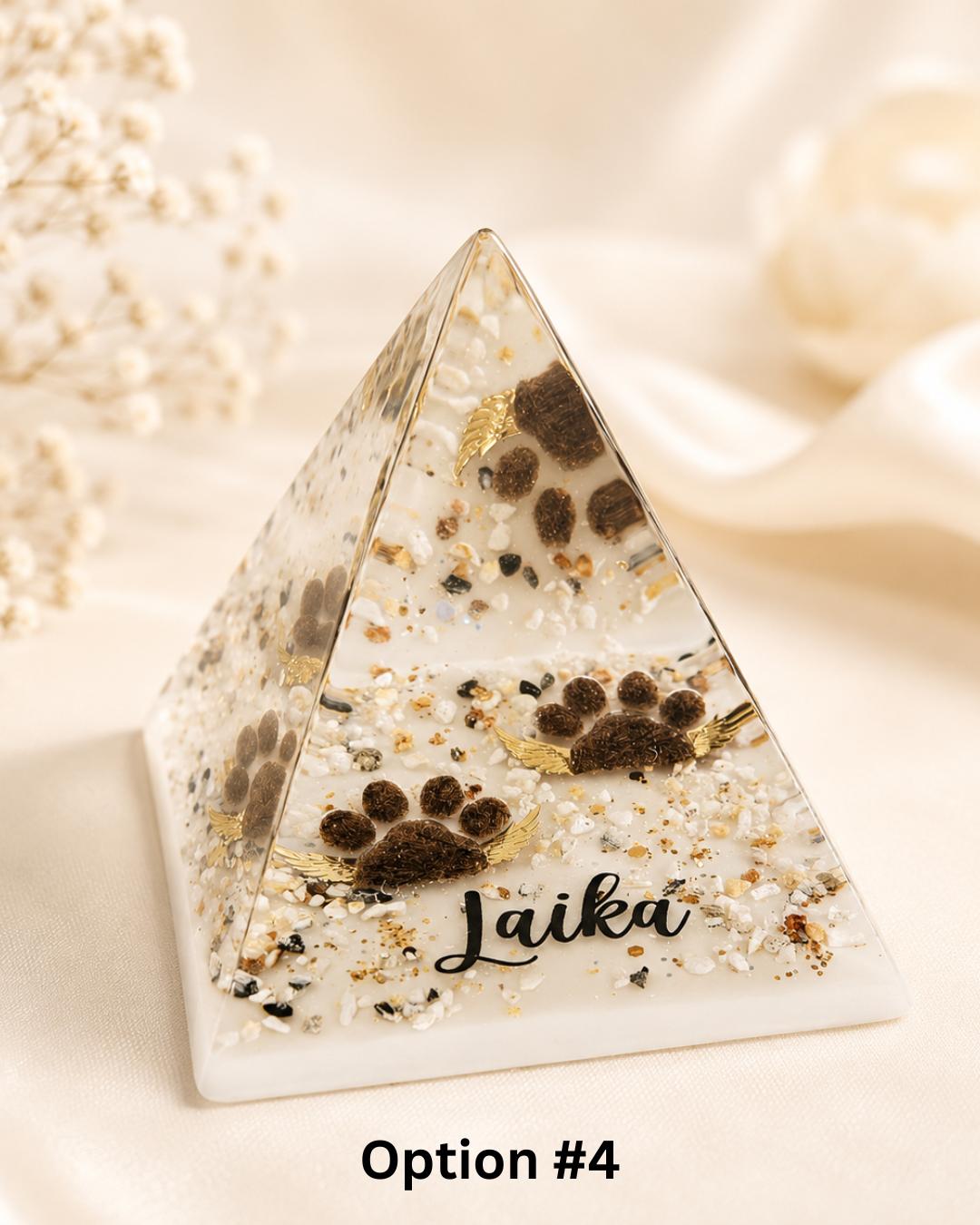 Option 4 - sandy white resin pet memorial pyramid with paw print angel wings, engraved name Laika