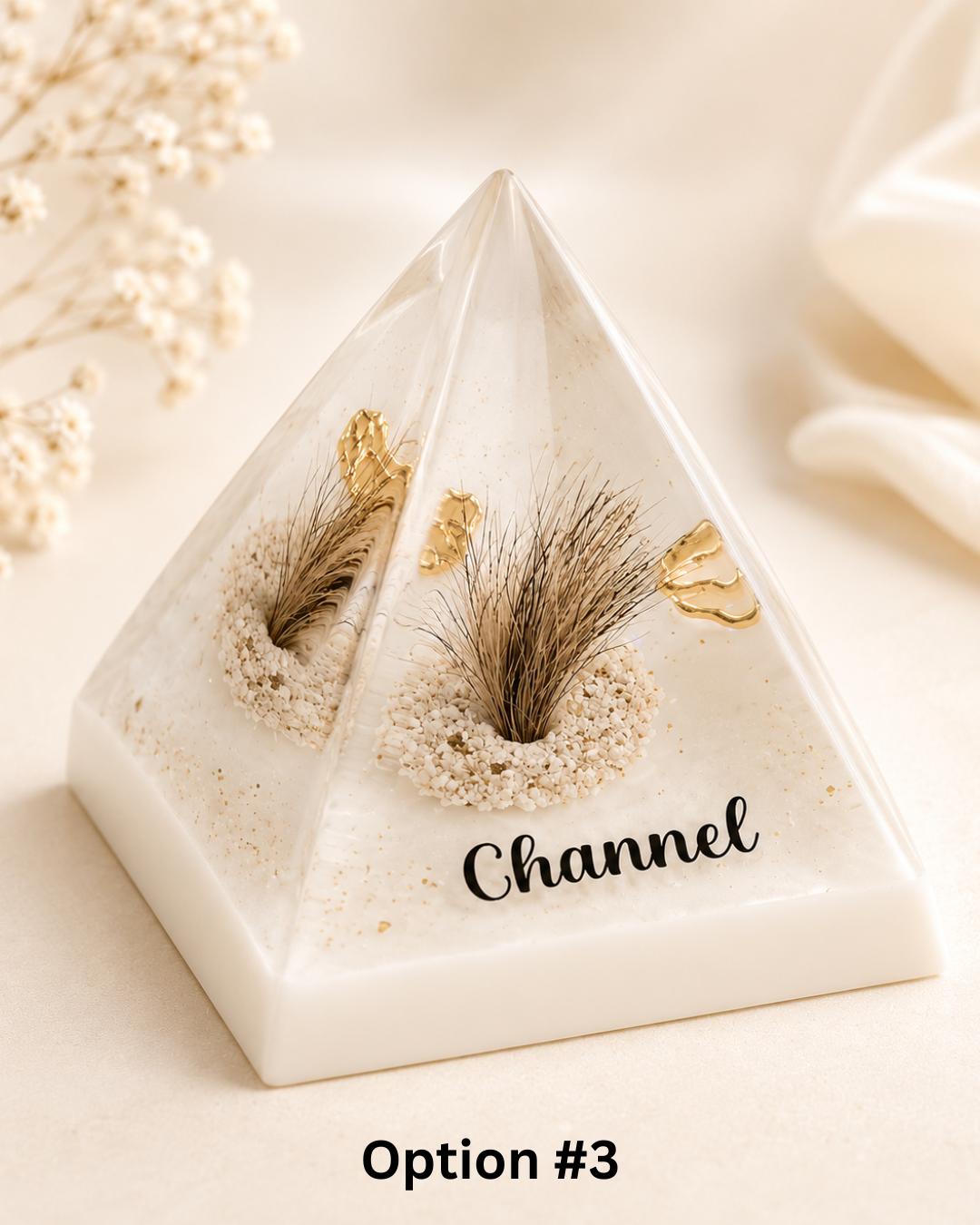 Pet memorial resin pyramid showing pet photo embedded on the bottom base of the pyramid