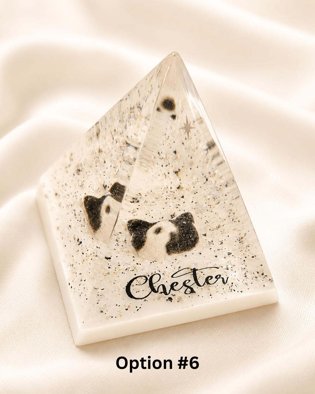 Option 6 - clear silver glitter resin pet memorial pyramid with paw print, engraved name Chester